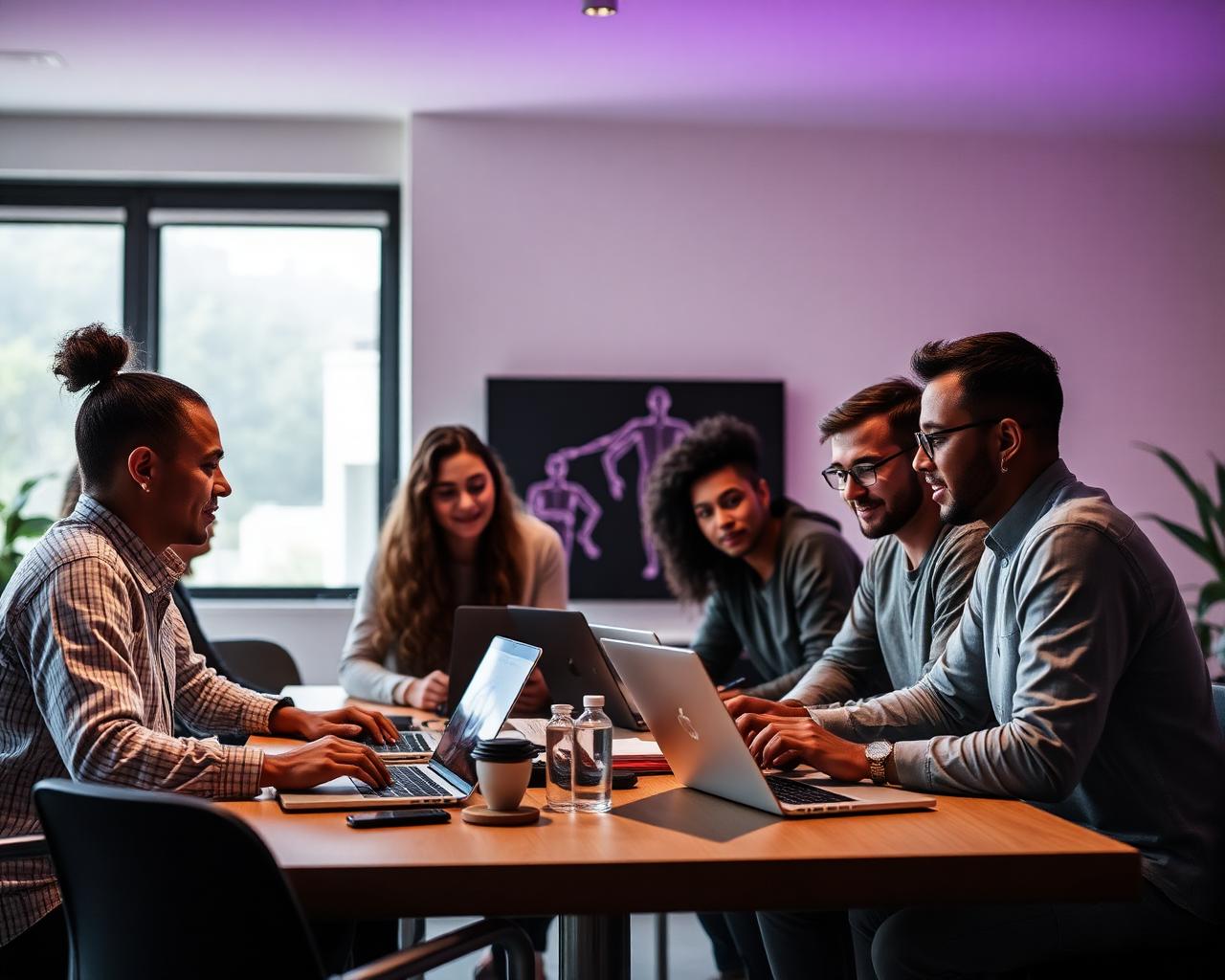 Time Cava colaborando com laptops em ambiente iluminado